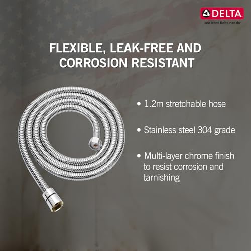 Image of DELTA FAUCET, 1.2 metre flexible hose pipe for Jet Spray, Polished Chrome, Shower Tube for Bathroom, RP101083
