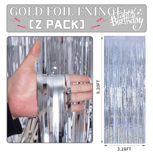 Image of Silver Party Decorations Backdrop Curtains 2Pack - 3.3x8.2FT Silver Backdrop Photo Booth Props Fringe Curtains - Tinsel Curtains Birthday Decorations Streamers Party Supplies