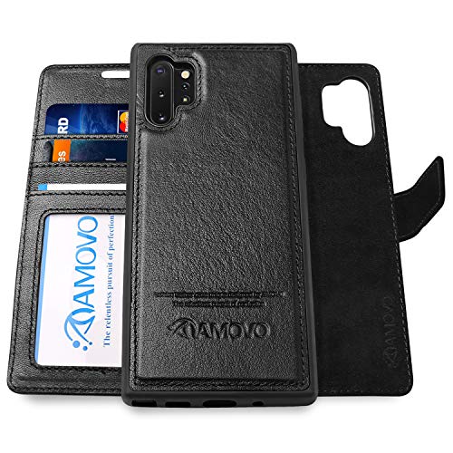 AMOVO Leather Case for Galaxy Note 10 Plus (6.8’’) [Genuine Leather] Samsung Galaxy Note 10+ Wallet Case Detachable [2 in 1 Folio] [Wristlet] Note10+ Leather Folio (Note10Plus, Genuine Leather Black)