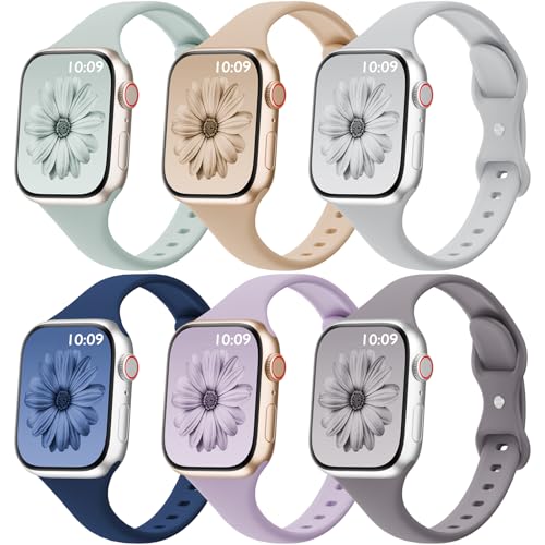 Image of 6 Pack Thin Silicone Compatible with Apple Watch Bands Women Men | Sport Strap Narrow Wristband for iWatch 38mm 40mm 41mm 42mm 44mm 45mm 46mm 49mm Series 11 10 9 8 SE 7 6 5 4 Ultra 3 2 1