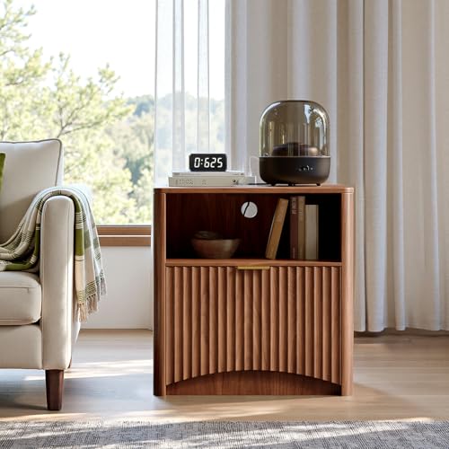 Image of Evermagin Fluted Nightstand with Charging Station, Walnut Bedside Table with Drawer and Storage, Wood End Table Mid Century Modern, Large Night Stand for Bedroom