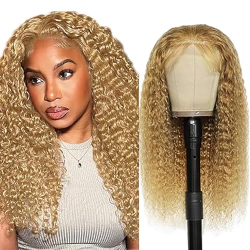 Hxxcoup Pelucas Cabello Natural 13x1 Lace Human Hair Wig #27 Blonde Curly Wave Pre Plucked Hairline with Baby Hair Unprocessed Hair Transparent Lace for Women Minimal Smell 18 Inch