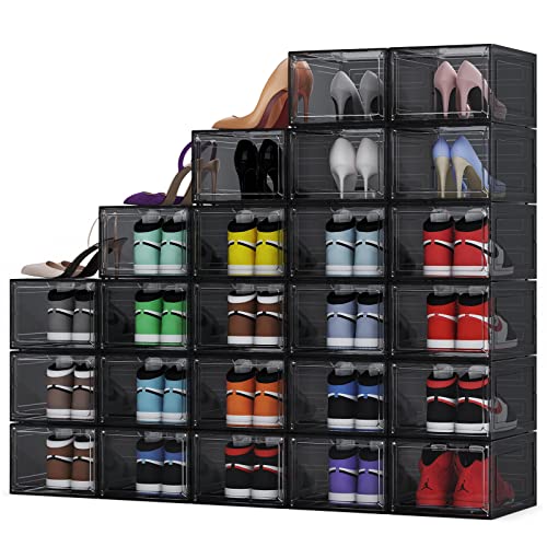 Ibune 24 Pack Drop Front Shoe Storage Boxes, Clear Plastic Shoe Organizer For Closet, Easy Assembly, Stackable Foldable Shoe Containers For Display Sneakers Boots, Fit Us Size Up To 12, Black #TOP14