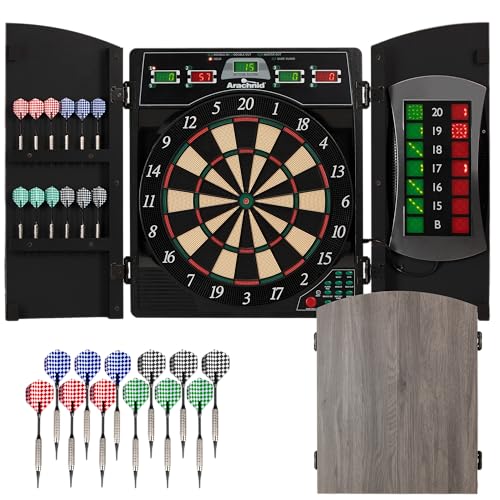 Arachnid Cricket Maxx 4.0 Electronic Dartboard Cabinet Set - Stylish Woodgrain Doors - 37 Game Types with 217 Variations - Heckler Feature + Solo Play - Includes Six Soft Tip Darts