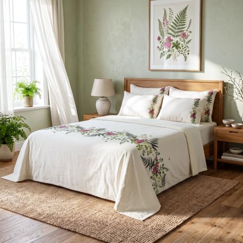 Image of Embroidered Premium Bedsheet Set | 300 TC 100% Cotton 1 Queen Bedsheet Set | Extra Smoothness with Sateen Weave| Autumn Ivory Bedsheet Set (1 Flat Sheet + 2 Pillow Cases)