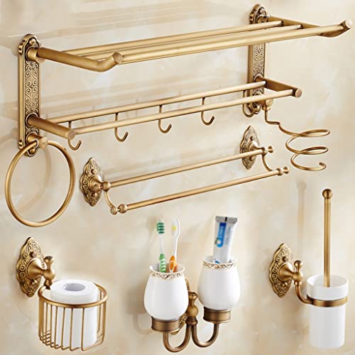 Juego de accesorios de baño Toallero antiguo, soporte para pañuelos de baño retro europeo de cobre, escobilla de baño, gancho para abrigos, juego de accesorios de baño montado en la pared (color: toa