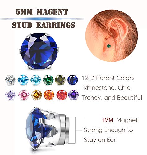 ORAZIO 12 Pairs Magnetic Stud Earrings for Men Women Non-piercing Rhinestone Magnet Earrings Stainless Steel Magnetic Clip on Nose Stud Earrings Set2