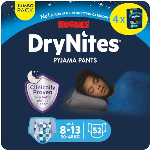 Huggies DryNites Pañales de Noche para Niño 8-13 (30-48 kg), Clínicamente Probado con 5 Capas de Máxima Protección Nocturna, 4 Packs de 13, Total 52 Calzoncillos Absorbentes