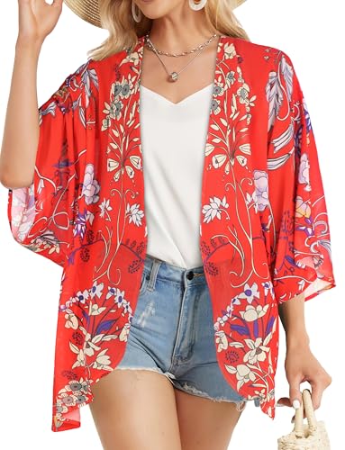 Women's Floral Print Puff Sleeve Kimono Cardigan Loose Cover Up Casual Blouse Tops - Image 5