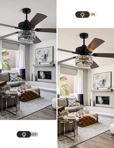 Image of 60'' Farmhouse Chandelier Black Crystal Fandelier Ceiling Fan