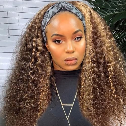 Image of Highlight Kinky Curly Headband Wig Human Hair 4 /27 Kinky Curly Human Hair Wigs for Black Women 26 Inch Glueless Machine Made Brazilian Curly Headband Wig 150% Density