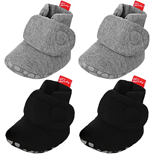 Image of Bencailor 2 Pairs Unisex Cotton Baby Booties with Gripper Soles Newborn Winter Warm Sock Christmas Nonslip Infant Shoes(6-12 Months,Black, Gray)
