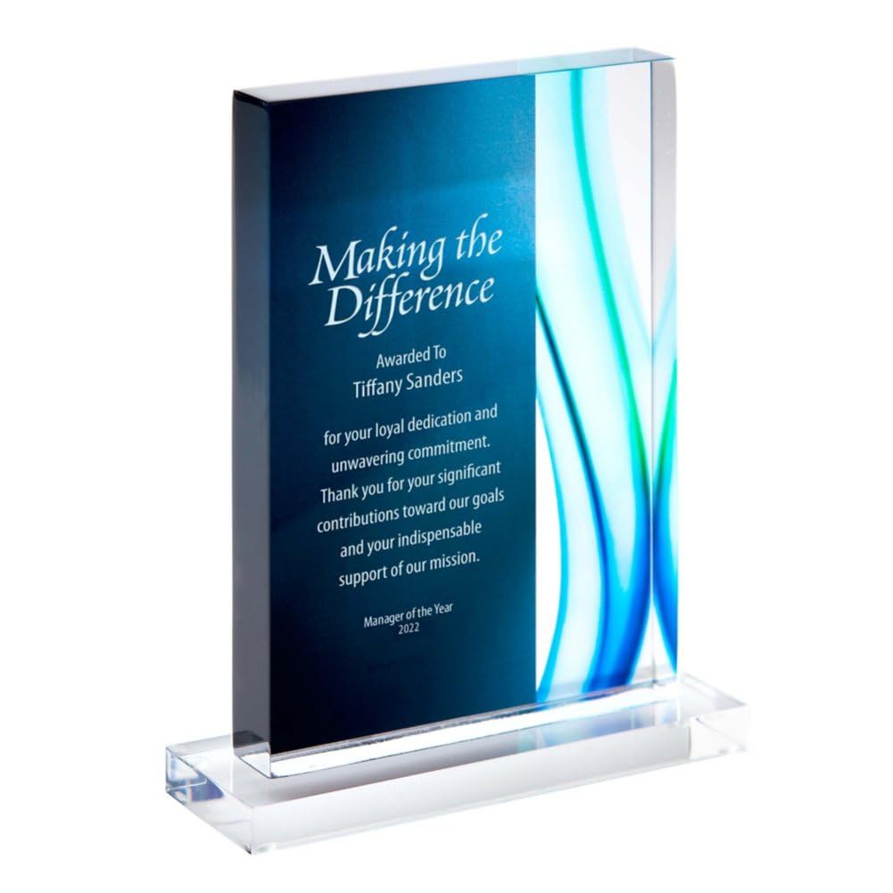 Baudville Engraved Trophy - Blue Acrylic - Rectangular Shaped - Colored Streak Accents - Personalized Engraving - Award for Employees