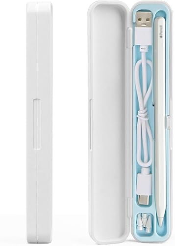 Funda Portátil para Apple Pencil de 12 Generación, Estuche de Almacenamiento Accesorios con Soporte Interior de Silicona (Blanco+Azul)
