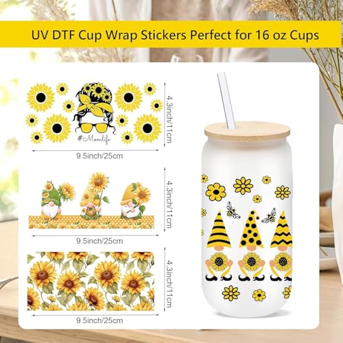 UV DTF Cup Wrap -10 Sheets Sunflower UV DTF Cup Wraps for 16 oz Glass Cups Crafts Water Bottles Home Decor Gift