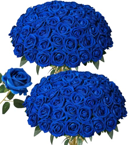 Image of 50 PCS Blue Roses Artificial Flowers, Fake Roses with Stem Realistic Silk Roses for DIY Wedding Bouquets Tables Centerpieces Arrangements Baby Shower Birthday Home Decor Independence Day Gift for Her
