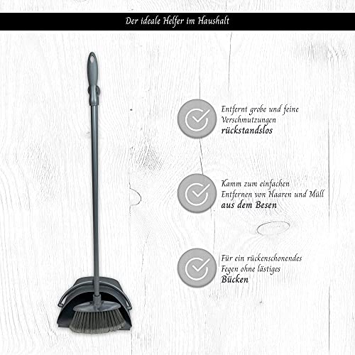 Vani Kehrgarnitur mit langem Stiel, Besen & Kehr-Schaufel - Kehr-Set mit Gummilippe & Softgriffen - Entfernt Schmutz, Staub & Krümel - Silber Grau – Bild 3