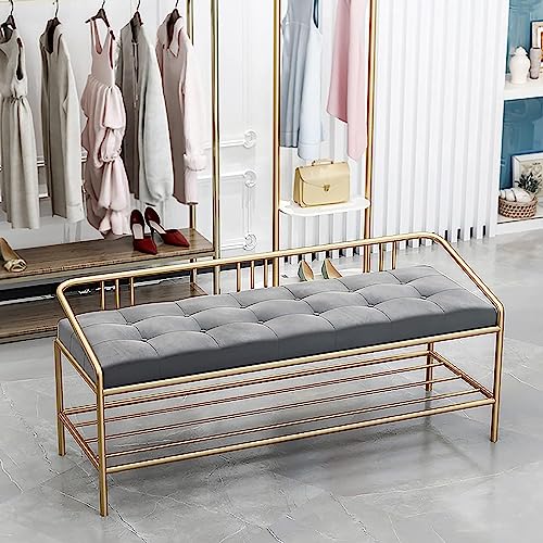 Banc à chaussures d'entrée de luxe en velours épais gris et structure métallique stable
