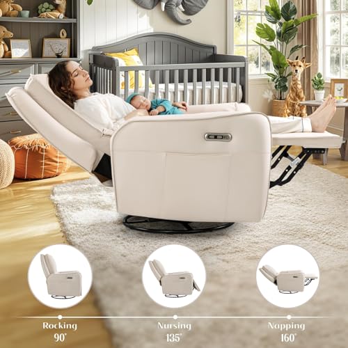 Image of Power Recliner Gliders for Nursery, Electric Swivel Rocker Recliner Chair, Comfy Upholstered Living Room Reclining Rocking Chairs with Lumbar Support (Cream, 41 inch X 40 inch X 36 inch)