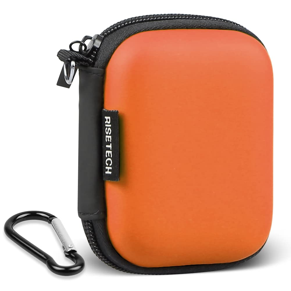 RISETECH Earbud Case, Hard EVA Earphone Travel Case Holder Headphone Small Zipper Pouch Compatible with Flash Drive, SD Cards, USB Charger Cable, AirPods, Sony Wired Earbuds with Keychain -Orange