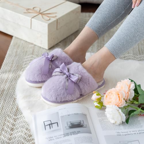 Image of GOEWY Cute Women's Memory Foam House Slippers - Fuzzy Plush Faux Fur Slippers with Bow Butterfly Tie - Anti-Skid Indoor /Outdoor Gifts for Women, Moms & Ladies