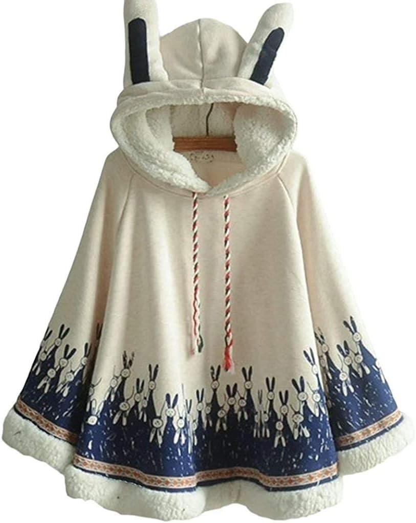 Winter Teenage Girls Bunny Hoodie Rabbit Ear Warm Capes Cute Poncho for Teenager Autumn Women Pullover Cloak Outwear Blanket