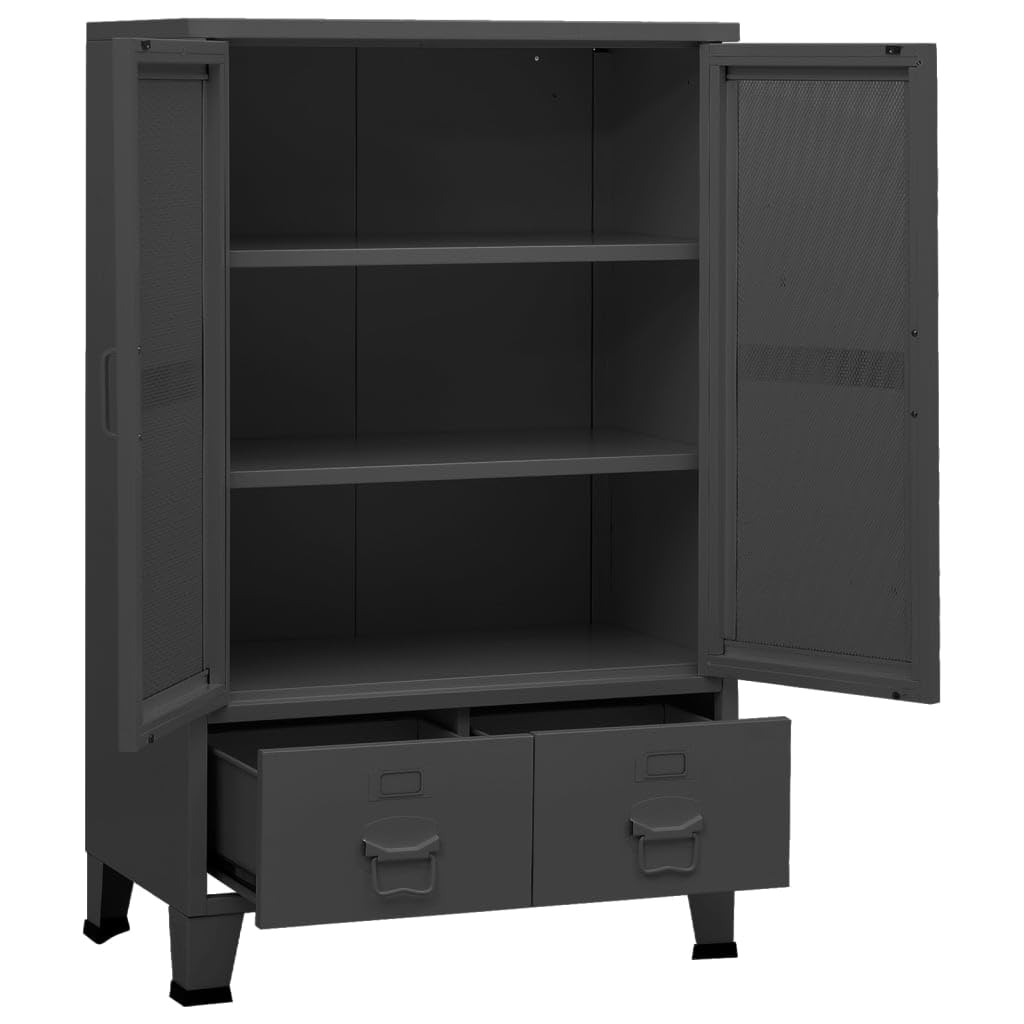 Armadio portaoggetti industriale antracite, 70 x 40 x 115 cm, in metallo, organizer con ante a griglia e cassetti, per soggiorno, camera da letto, corridoio, cameretta dei bambini