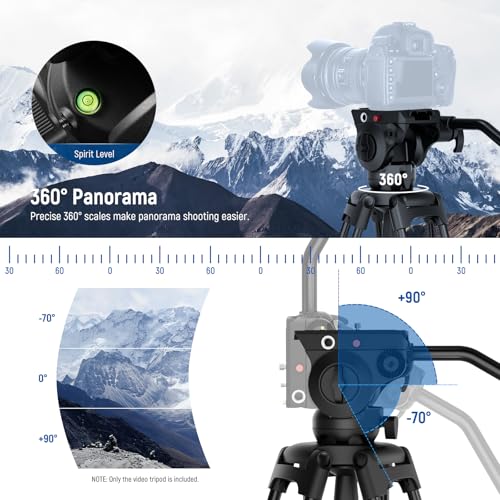 NEEWER Basic 74" Video Tripod with Fluid Head , Metal Camera Tripod with Smooth Friction Damping, Mid Level Spreader, Quick Release Plate Compatible with Manfrotto 501, Max Load 17.6lb, TP37