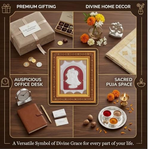 Image of 999 Pure Silver Radhakrishna Frame | Divine Home Decor | Wall Mount Square Photo for Gift, Wooden PhotoFrame for Temple & OfficeDecor, SilverGift Items | (10.50 inch x 9 inch Inch)