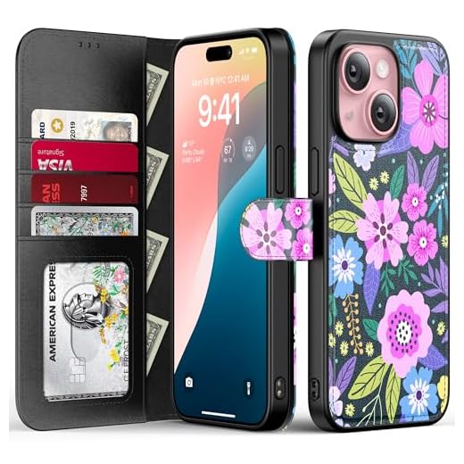 FUNMIKO for iPhone 15 Case Wallet,Detachable Flip Folio Leather Cover,RFID Blocking 4 Card Slots Holder,Magnetic Kickstand,Protective Phone Shell for Women Girls,Vibrant Flowers