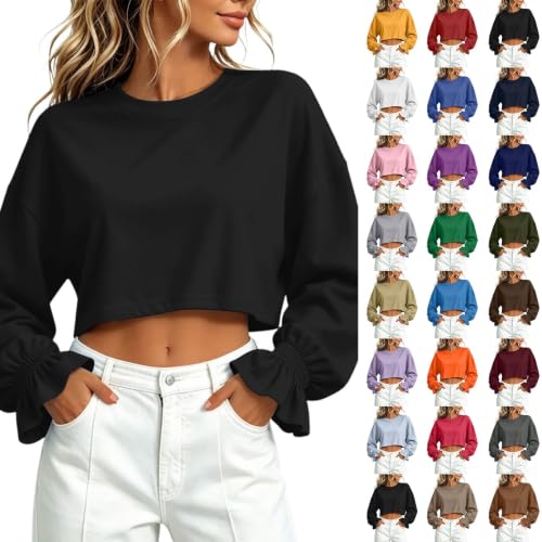 JiXiang Cropped Sweatshirts for Women Crewneck Ruched Long Sleeve Pullover Tops Oversized Workout Casual Y2K Going Out Shirts - image 1