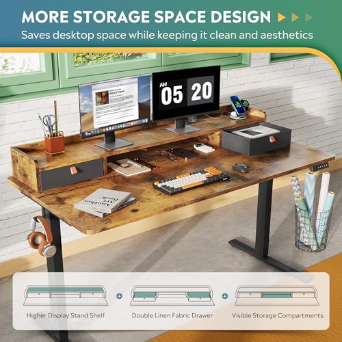 Image of DEVAISE 55 Inch Electric Standing Desk with Shelf, Adjustable Computer Desk for Home Office, with LED Touchscreen,Headphone Hook, 3 Memory Preset, with One-Piece Desktop, Rustic Brown