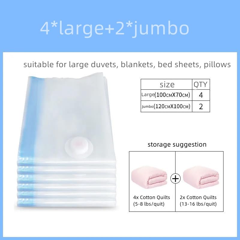 Vacuum Compression Storage Bags for Clothes & Bedding with Electric Pump, Clear Space-Saving Organizer Bags for Travel, Moving, Home Use (Only Bags, 4*large+2*Jumbo)