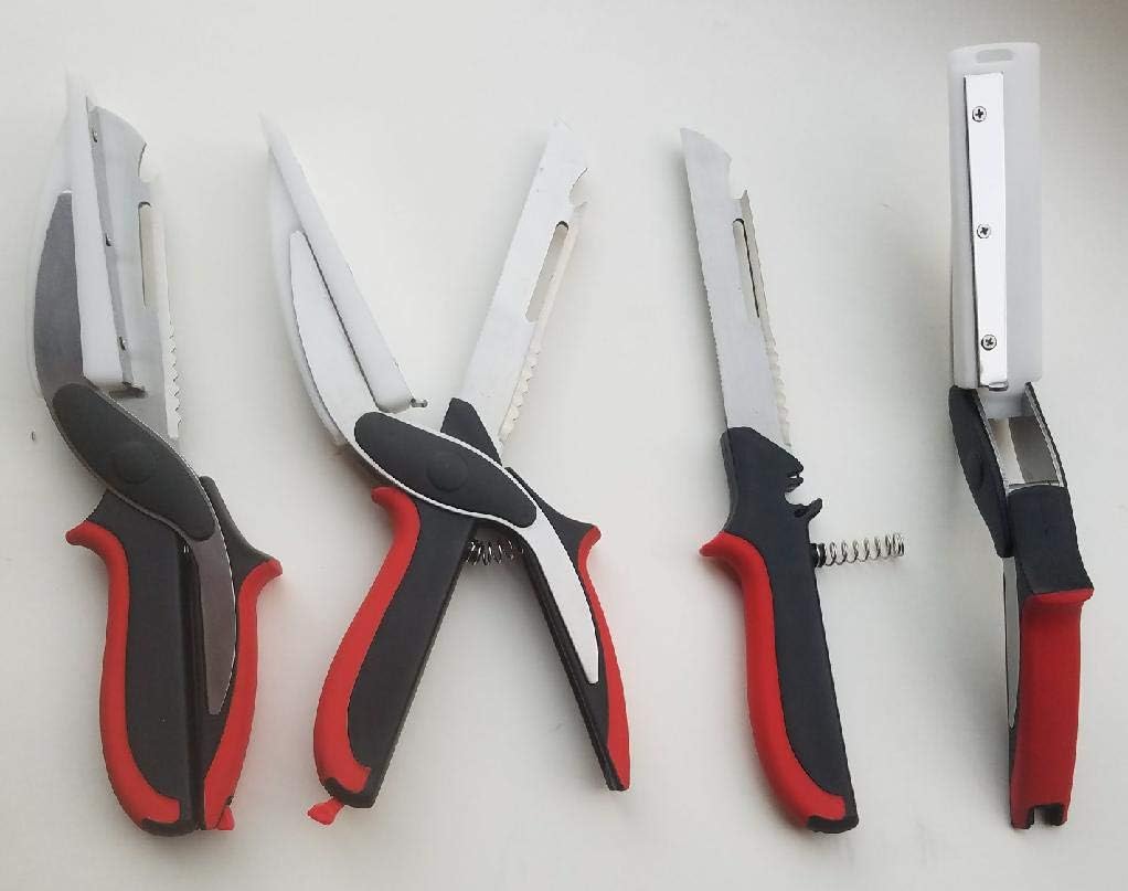 Panaric Food Chopper Shears Scissors Slicer Vegetable Fruit Knives Cutlery Gadgets substitute Your Utensils/Replace Your Universal Knife & Cutting Board (5 in 1, Red)