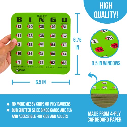 Regal Bingo - 25 Standard Shutter Slide Cards - Standard Finger-Tip Shutter Slide Card Bingo Set With Master Board And Calling Cards - Green - Non Repeating Set #TOP3