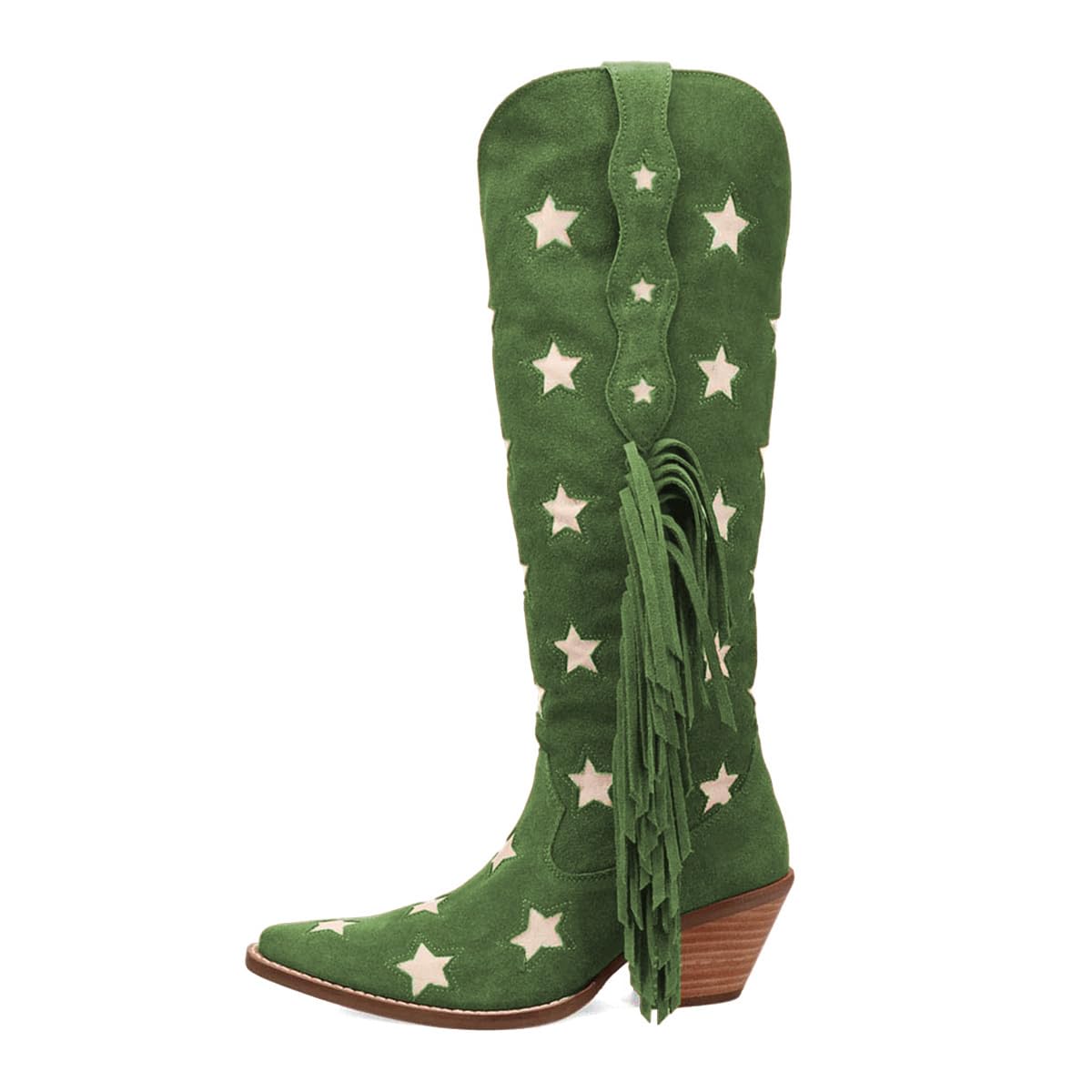miss left Women Almond Toe Five-Pointed Stars Decoration Tassels Knee High Boots Block Low Heel Pull on Cowgirl