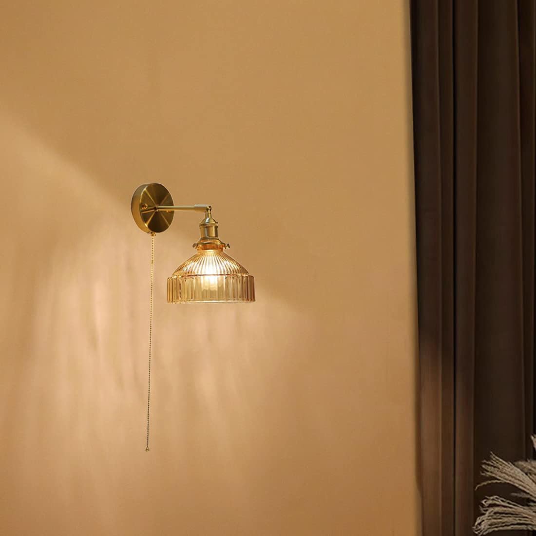 Kinkiet Mosiężny Z Łańcuszkiem, Klosz Szklany W Kolorze Starego Złota W Kolorze Tulipana Do Sypialni, Regulowane Ramię, Nowoczesna Nordycka Do Czytania, Lampka Nocna, Do Salonu, Sufitowa/Brą