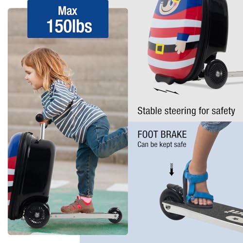 Cartoon Character Ride-on Kids Scooter Luggage with Wheels | Folding Hardshell Carry-On Luggage for Boys & Girls Ages 4-15 | Lightweight Travel Suitcase for Airplane, Check-In