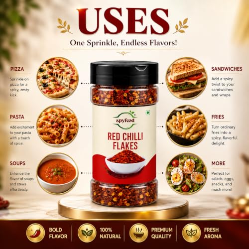 Image of SPYFOOD Red Chilli Flakes 70g | Premium Crushed Dried Red Chillies | Natural Spicy Seasoning for Pizza, Pasta, Noodles, Soups, Salads & Indian Cooking | No Artificial Colors