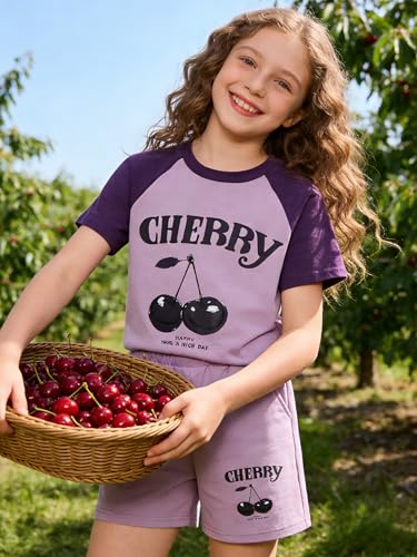 Image of KIDLAGA Girls Two Piece Sets Cherry Pattern Short Sleeve Shirts and Shorts Set With Pockets Girls Summer Outfits Size 7-14
