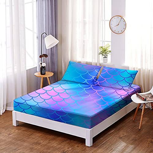 Nsr Mermaid Sheet Sets Twin Size Kids Boys Girls Fish Scale Soft Microfiber Bed Sheet 3D Circles With Pastel Watercolour Rainbow Single Sheets, 2Pcs (1 Deep Pocket Fitted Sheet+1 Pillowcases) #TOP2