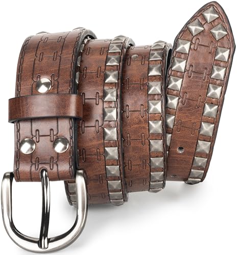 Punk Style Genuine Leather Belts Double Grommet Belt with Chain for Jeans Dresses2