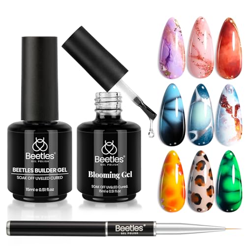 Beetles 2 Pcs 15ml Nail Blooming Gel and Builder Nail Gel Set - Nail Art Polish for Spreading Effect Marble Stone Builder Extension Nail Gel, Soak Off LED Nail Lamp Gel DIY Manicure Gifts for Women
