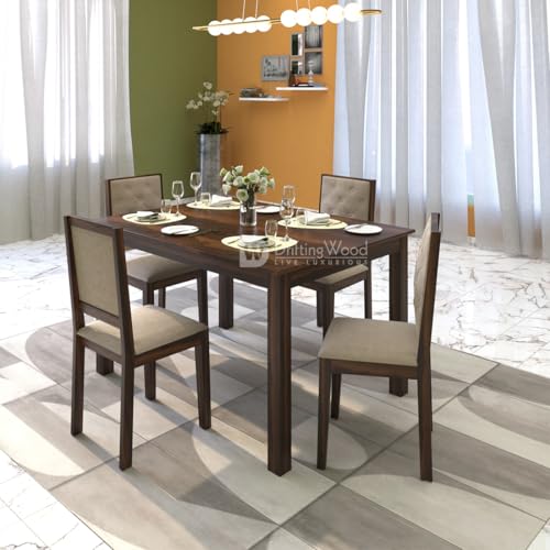 Image of DRIFTINGWOOD Izabel Dining Table 4 Seater | Four Seater Dinning Table with 4 Chairs with Beige Cushions for Home | Rosewood, Walnut Finish, Self Assembly(DIY)