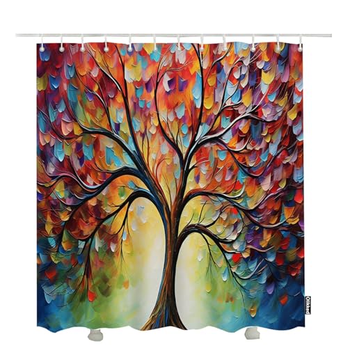 Olikked Oil Painting Art Tree Shower Curtain Colorful Leaves Bathroom
