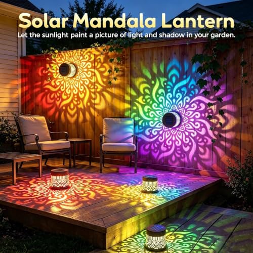 Image of Solar Mandala Lights Outdoor Wall, 7 Color Changing Solar Projector Light, Waterproof Metal Decorative Light for Garden Fence Patio (3)