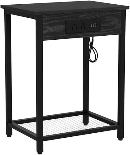 Miniatura 5 de melos Juego de 2 mesitas de noche con estación de carga, mesita de noche de 2 niveles con puertos USB y tomas, mesa auxiliar estrecha con estante de