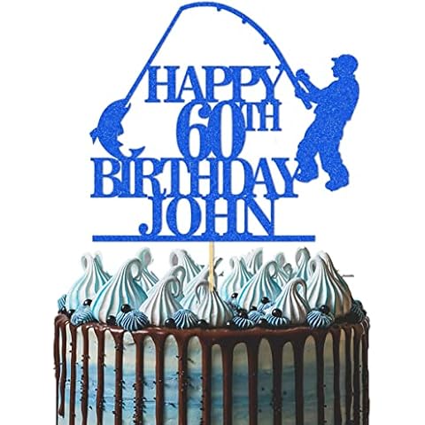GuteGifts Personalised Fishing Cake Topper | Custom with Any Name Any Age Celebration Fisherman Happy Birthday Party Decoration for Him Men Dad | Fishing Lover 21st 30th 40th 50th 60th (Royal blue) Cover