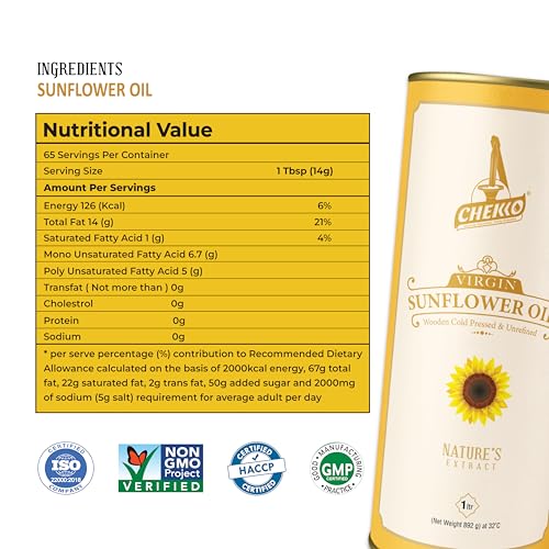 Image of Chekko Cold Pressed Sunflower Oil 1 Litre | Wood Pressed Sunflower Oil | Pure Unrefined Edible Cooking Oil | Rich in Vitamin E & Natural Oil for Cooking, Frying, Deep Fry, Sauteing & Daily Indian Cooking
