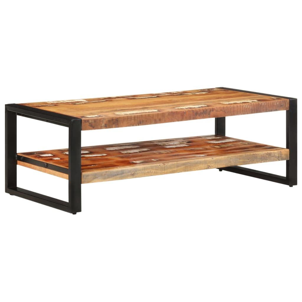 Hothingwell Stolik kawowy 2 poziomy drewna z odzysku 120x60x40 cm | Malowana proszkowo rama żelazna, mieszanka drewna tekowego z drewna bukowego mango, unikalny kolor losowy